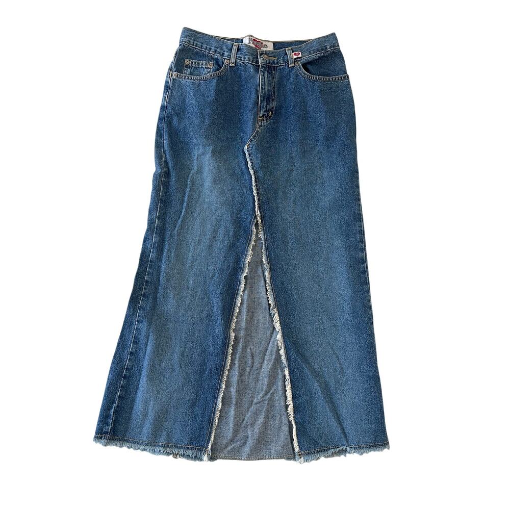 Vintage Y2K Fragile Denim Skirt Size 3 Frayed Raw Hem Fairy Boho Middle Slit